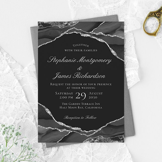 Elegant Silver Foil Black Agate Wedding Invitation (Creator Uploaded)