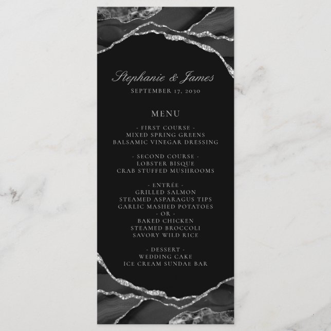 Elegant Silver Foil Black Agate Wedding Menu (Front)