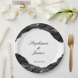 Elegant Silver Foil Black Agate Wedding Paper Plate
