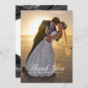 Elegant Silver Foil Black Agate Wedding Photo Thank You Card