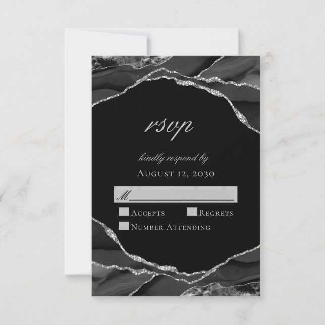 Elegant Silver Foil Black Agate Wedding RSVP Card (Front)