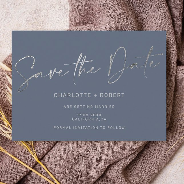 Elegant silver foil blue wedding save the date announcement postcard (Creator Uploaded)