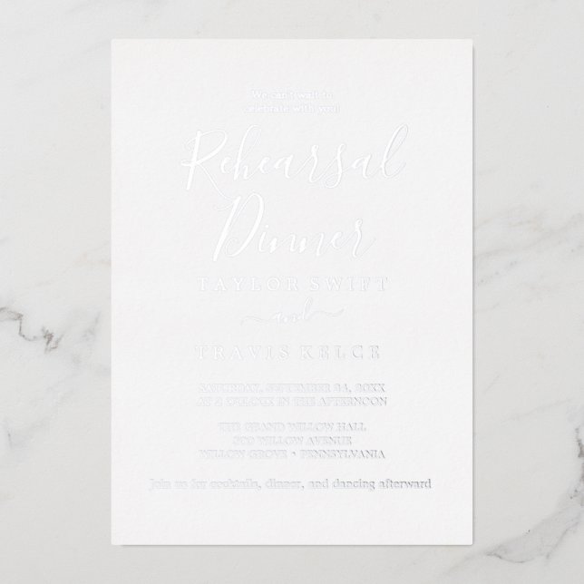 Elegant Silver Foil | Calligraphy Rehearsal Dinner (Front)