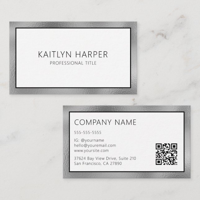 Elegant Silver Foil Edged QR Code Business Card (Front/Back)