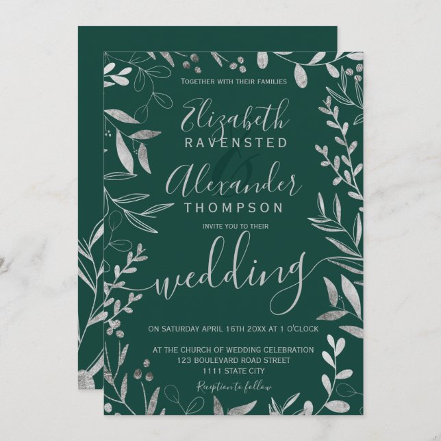 Elegant silver foil emerald green floral wedding invitation (Front/Back)
