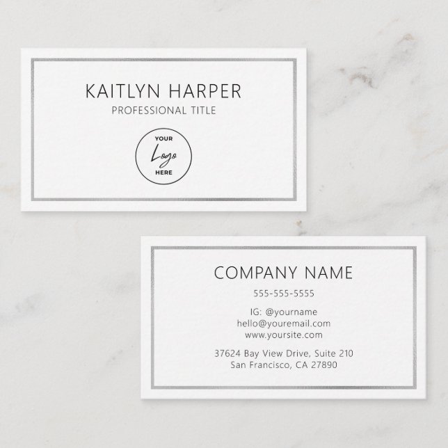 Elegant Silver Foil Frame Minimal Logo Business Card (Front/Back)