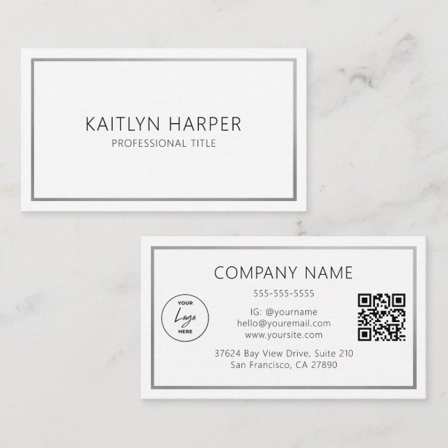 Elegant Silver Foil Frame Minimal Logo QR Code Business Card (Front/Back)