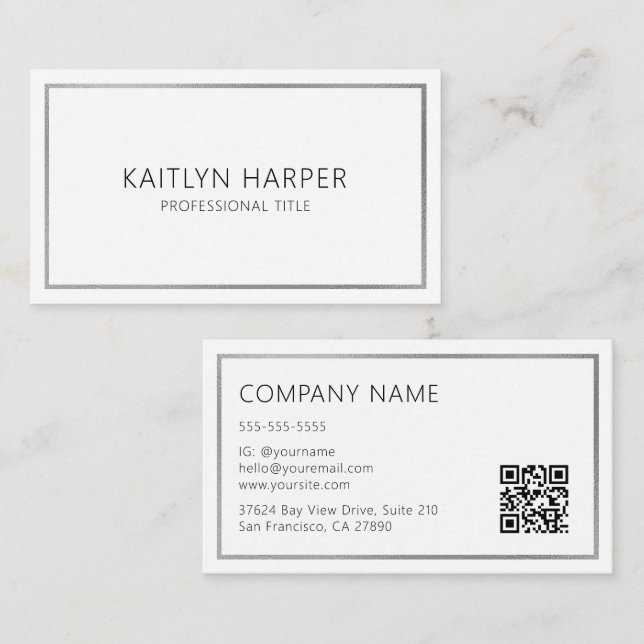 Elegant Silver Foil Frame Minimal QR Code Business Card (Front/Back)