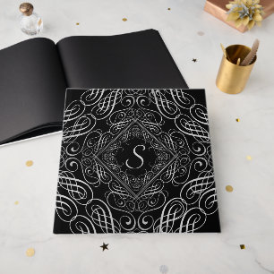 Elegant Silver Foil Look Filigree Scrollwork Black Guest Book