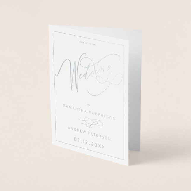 Elegant silver foil minimalist calligraphy wedding card (Front)