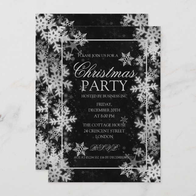 Elegant Silver Foil Snowflakes Christmas Party Invitation (Front/Back)