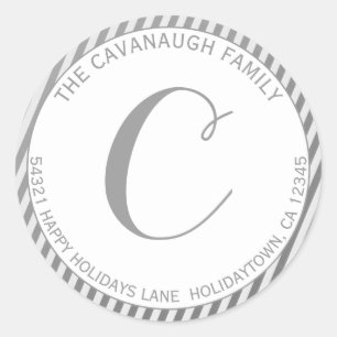Elegant Silver Foil Stripe Monogram Address Classic Round Sticker