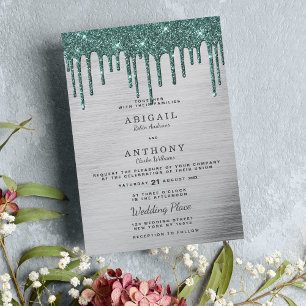 Elegant silver forest green glitter drips wedding  invitation