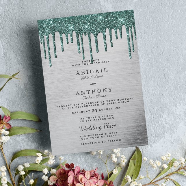 Elegant silver forest green glitter drips wedding  invitation (Elegant silver forest green glitter drips wedding)