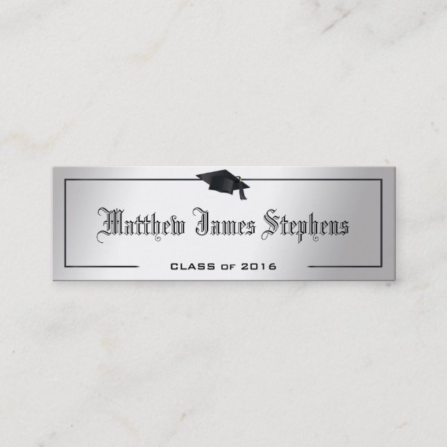 Elegant Silver Formal Graduation Cap Name Card (Front)