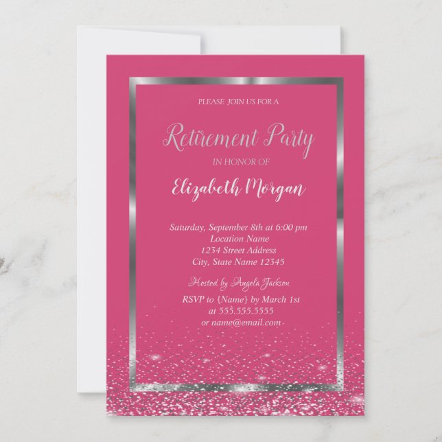 Elegant Silver Frame Confetti Pink Retirement Invitation (Front)