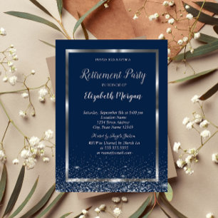 Elegant Silver Frame Navy Confetti Retirement Invitation