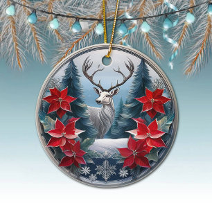 Elegant Silver Frame Reindeer, Poinsettias Deer 🦌 Ceramic Tree Decoration