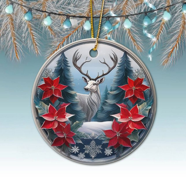 Elegant Silver Frame Reindeer, Poinsettias Deer 🦌 Ceramic Tree Decoration (Silver Reindeer Elegant Deer Antlers, Poinsettia Flowers Winter Trees Scene Ornament Front/Back 🦌🎄)