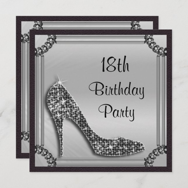 Elegant Silver Framed Black Stiletto 18th Birthday Invitation (Front/Back)