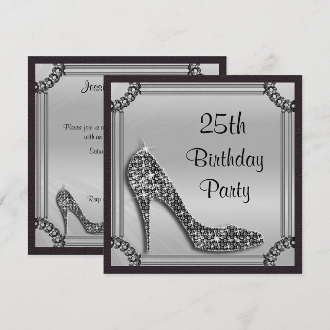 Elegant Silver Framed Black Stiletto 25th Birthday Invitation (Front/Back)