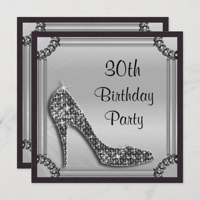 Elegant Silver Framed Black Stiletto 30th Birthday Invitation (Front/Back)