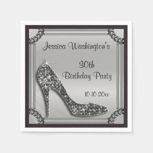Elegant Silver Framed Black Stiletto 30th Birthday Napkin