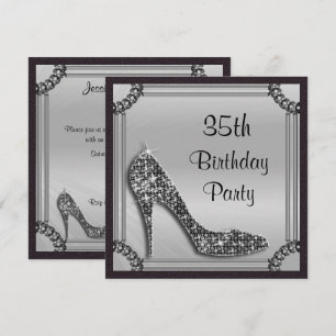 Elegant Silver Framed Black Stiletto 35th Birthday Invitation
