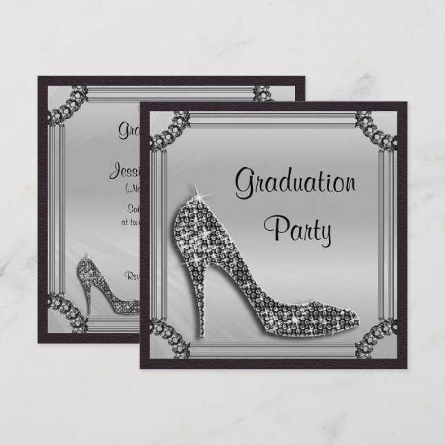Elegant Silver Framed Black Stiletto Graduation Invitation (Front/Back)
