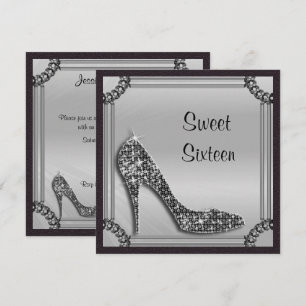 Elegant Silver Framed Black Stiletto Sweet 16 Invitation