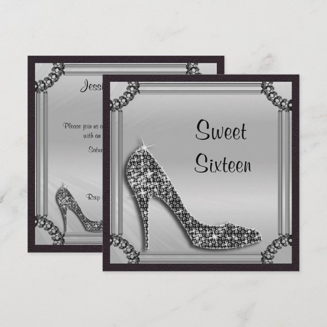 Elegant Silver Framed Black Stiletto Sweet 16 Invitation (Front/Back)