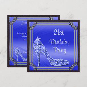 Elegant Silver Framed Blue Stiletto 21st Birthday Invitation
