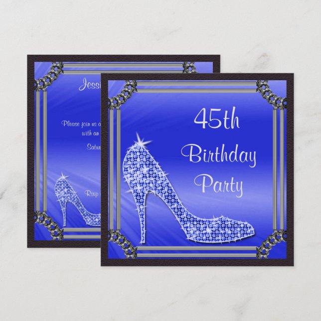 Elegant Silver Framed Blue Stiletto 45th Birthday Invitation (Front/Back)