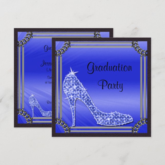 Elegant Silver Framed Blue Stiletto Graduation Invitation (Front/Back)