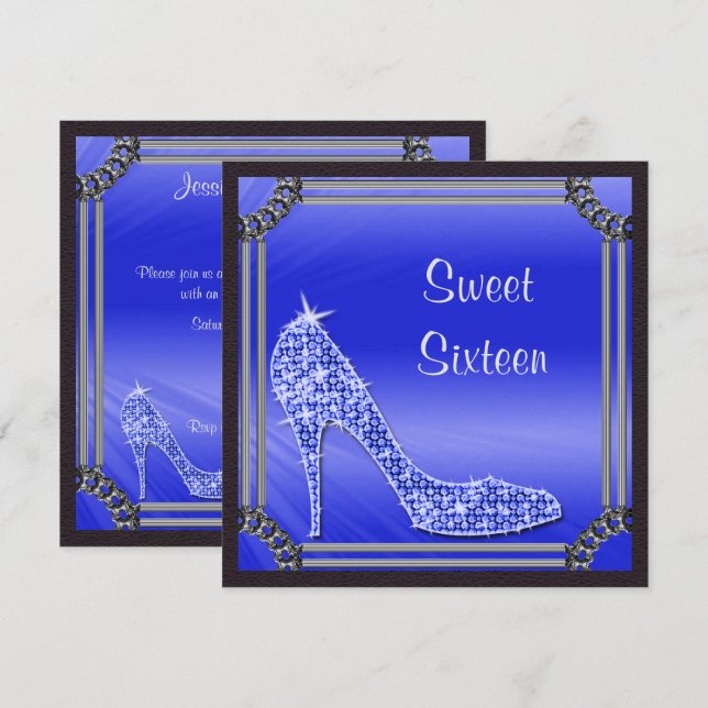 Elegant Silver Framed Blue Stiletto Sweet 16 Invitation (Front/Back)