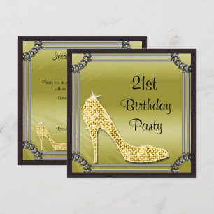 Elegant Silver Framed Gold Stiletto 21st Birthday Invitation