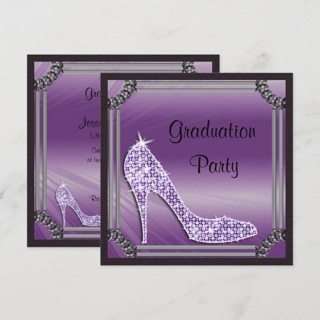 Elegant Silver Framed Lilac Stiletto Graduation Invitation (Front/Back)