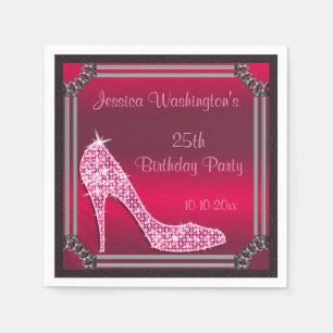 Elegant Silver Framed Pink Stiletto 25th Birthday Napkin