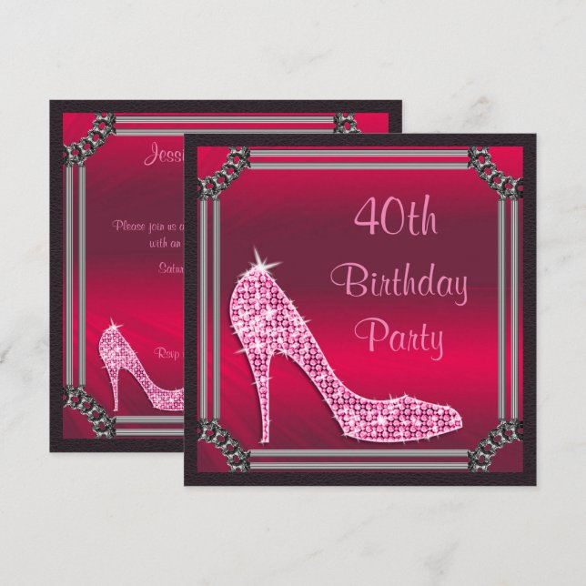 Elegant Silver Framed Pink Stiletto 40th Birthday Invitation (Front/Back)