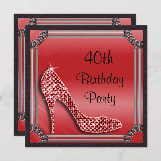 Elegant Silver Framed Red Stiletto 40th Birthday Invitation (Front/Back)