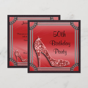 Elegant Silver Framed Red Stiletto 50th Birthday Invitation