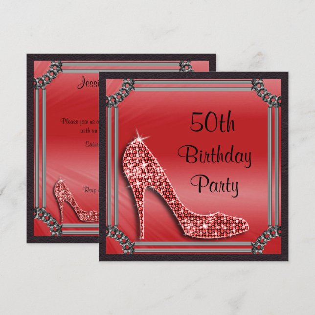 Elegant Silver Framed Red Stiletto 50th Birthday Invitation (Front/Back)