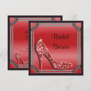 Elegant Silver Framed Red Stiletto Bridal Shower Invitation