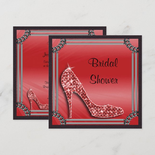 Elegant Silver Framed Red Stiletto Bridal Shower Invitation (Front/Back)