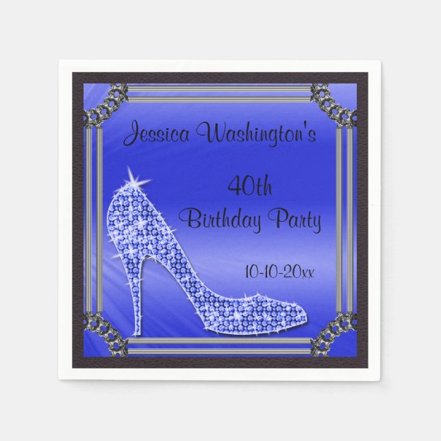 Elegant Silver Framed Stiletto Blue 40th Birthday Napkin (Front)