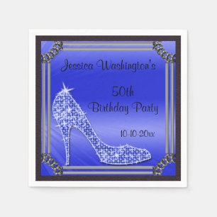 Elegant Silver Framed Stiletto Blue 50th Birthday Napkin