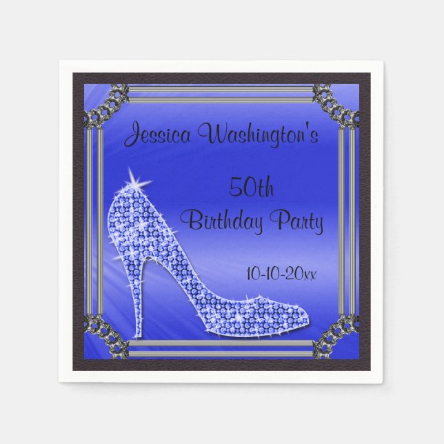 Elegant Silver Framed Stiletto Blue 50th Birthday Napkin (Front)