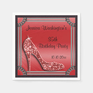 Elegant Silver Framed Stiletto Red 35th Birthday Napkin