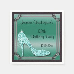 Elegant Silver Framed Stiletto Teal 50th Birthday Napkin