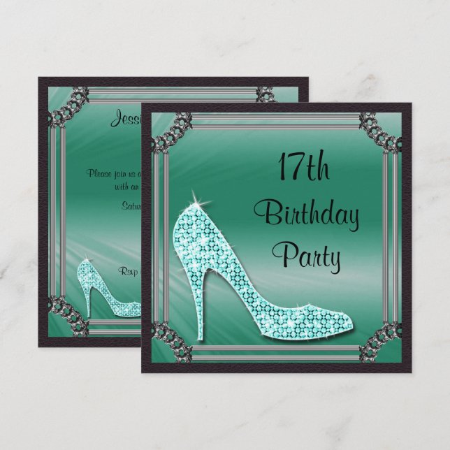 Elegant Silver Framed Teal Stiletto 17th Birthday Invitation (Front/Back)